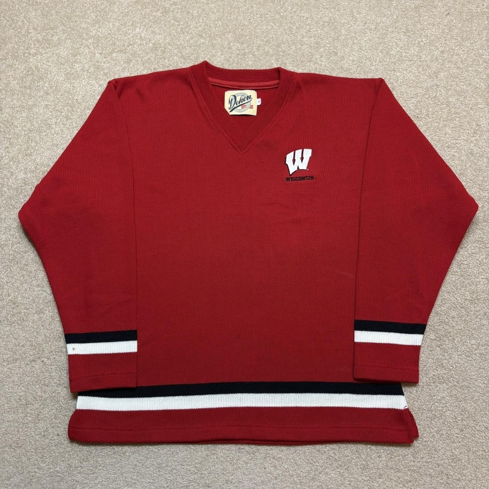 Dehen Wisconsin Badgers Sweater Mens Medium Red NCAA Knit V Neck Preppy College‎
